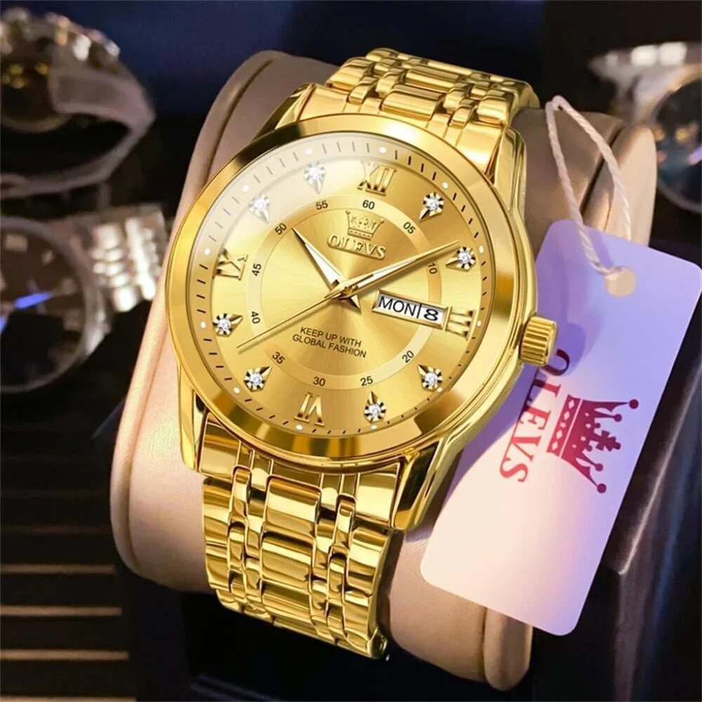 Olevs Men's Gold-Men Stainless Steel Man Watch with Date Luminous Stylish Watch