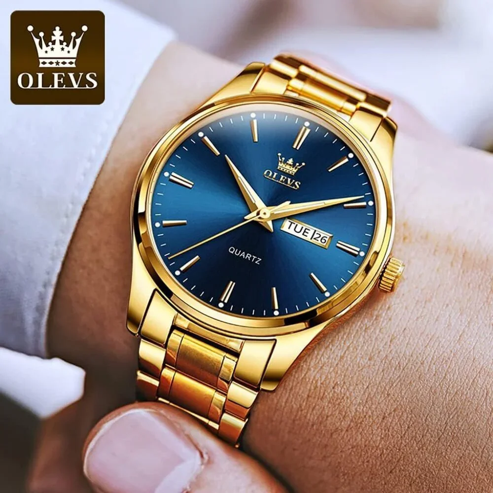 Olevs Men's Gold Steel Blue-Dial Waterproof Stainless Luminous Stylish Watch
