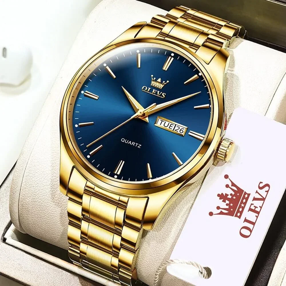Olevs Men's Gold Steel Blue-Dial Waterproof Stainless Luminous Stylish Watch