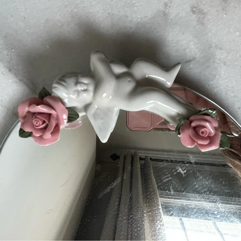 Decorative Mirror vanity tray with Pink Floral and cherubs Accents