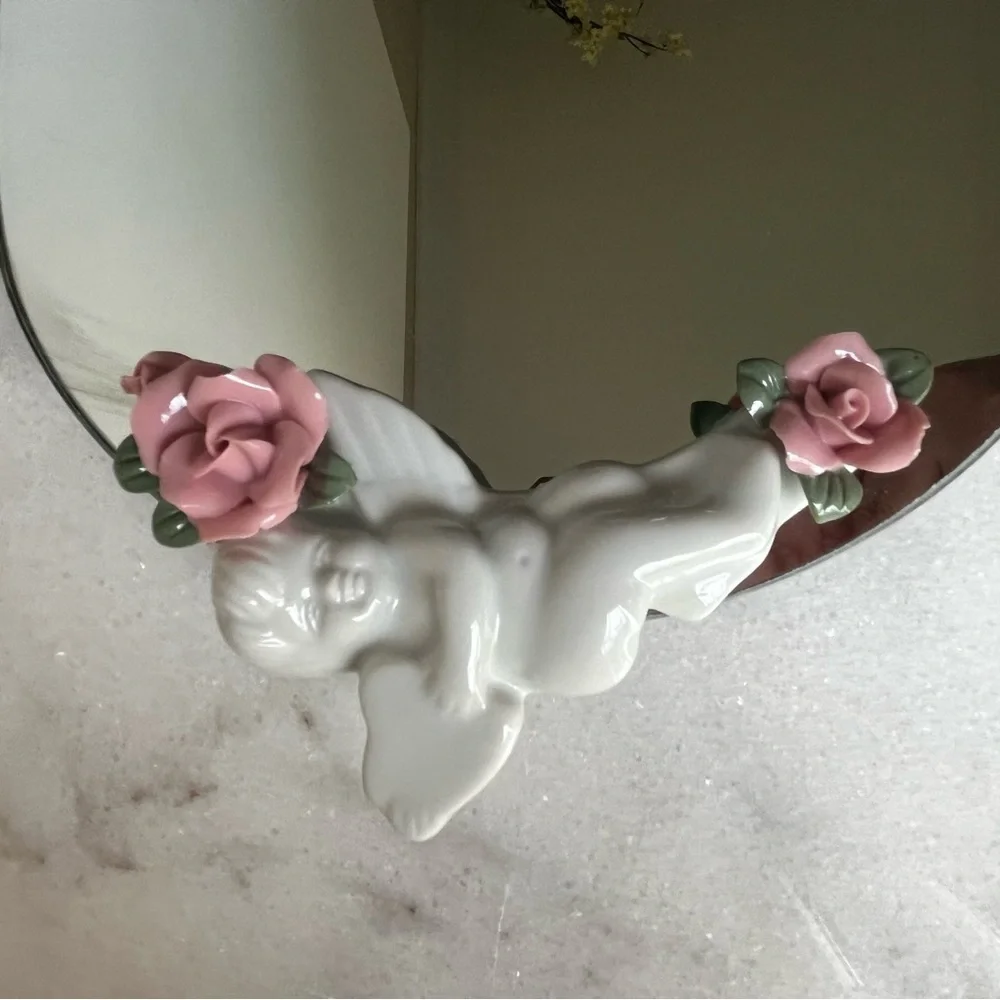 Decorative Mirror vanity tray with Pink Floral and cherubs Accents