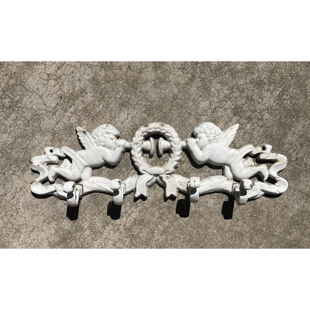 Vintage Ornate Cherub Wall Decoration Painted White Cast Wrought Iron Hook Metal