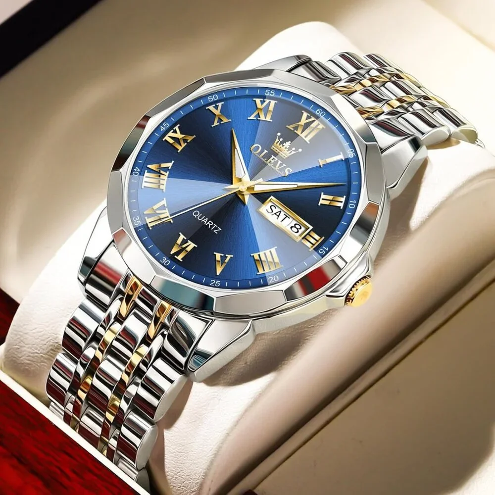 Olevs Men's Silver Gold- Blue Steel Stain Waterproof Stain Luminous Wrist Watch