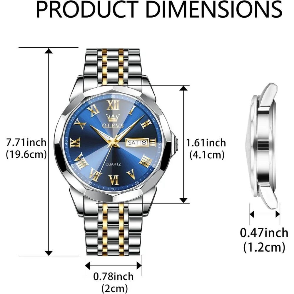 Olevs Men's Silver Gold- Blue Steel Stain Waterproof Stain Luminous Wrist Watch