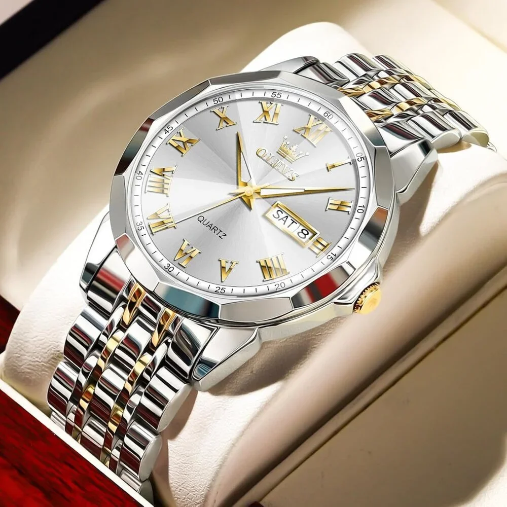 Olevs Men's Silver Gold- White Steel Stain Waterproof Stain Luminous Wrist Watch
