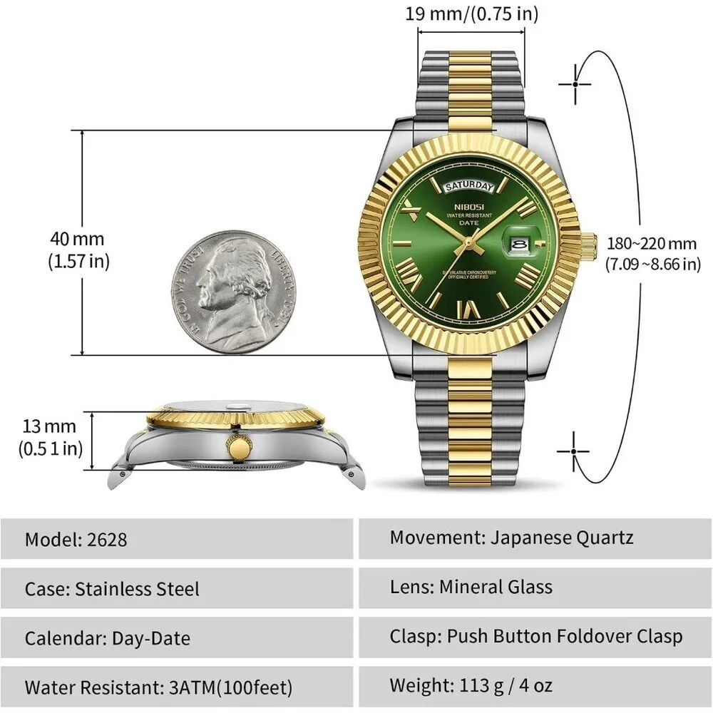 Men's Gold Silver Green Stain Steel Analog Classic Design Stylish Wrist Watch