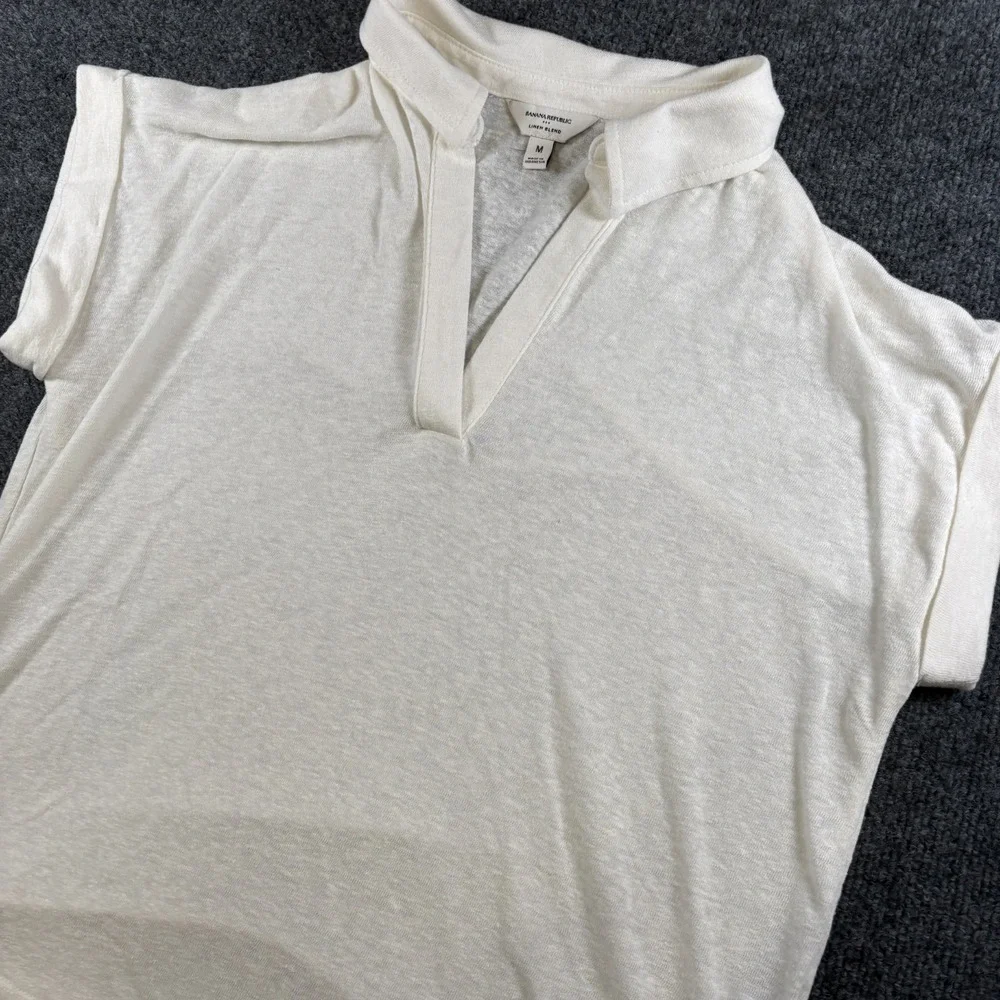 Banana Republic Polo Shirt Womens Medium White Linen Johnny Collar Cuffed Sleeve