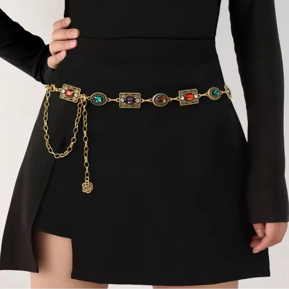 Retro Colorful Waist Multicolor Gemstone Chain Belt 44”