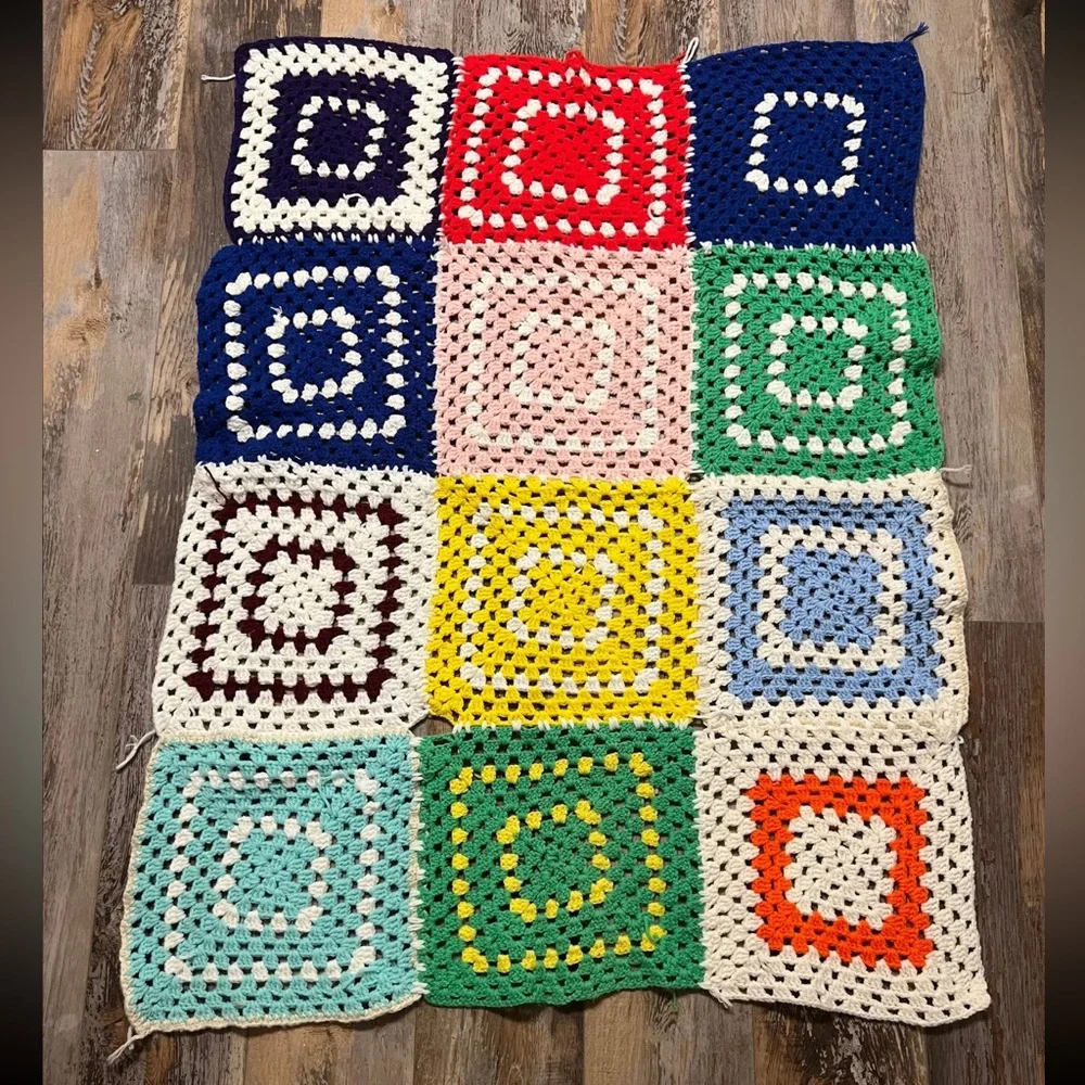 Colorful Handmade Crochet Granny Square Afgan Blanket Multicolor Vintage