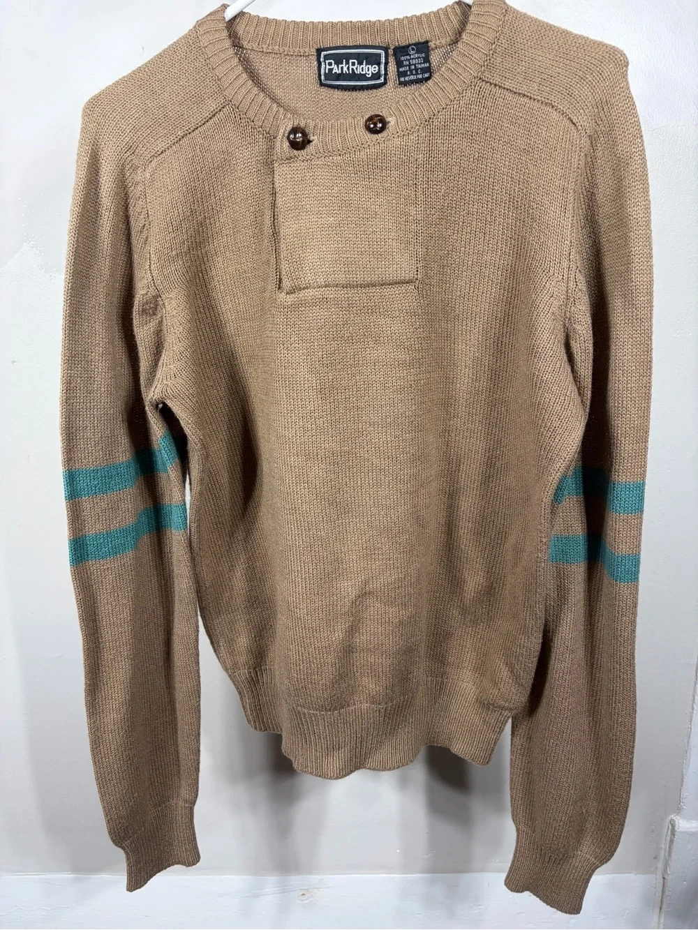 VTG Park Ridge Henley Sweater Tan Teal Striped Grandpa Knit Mens L