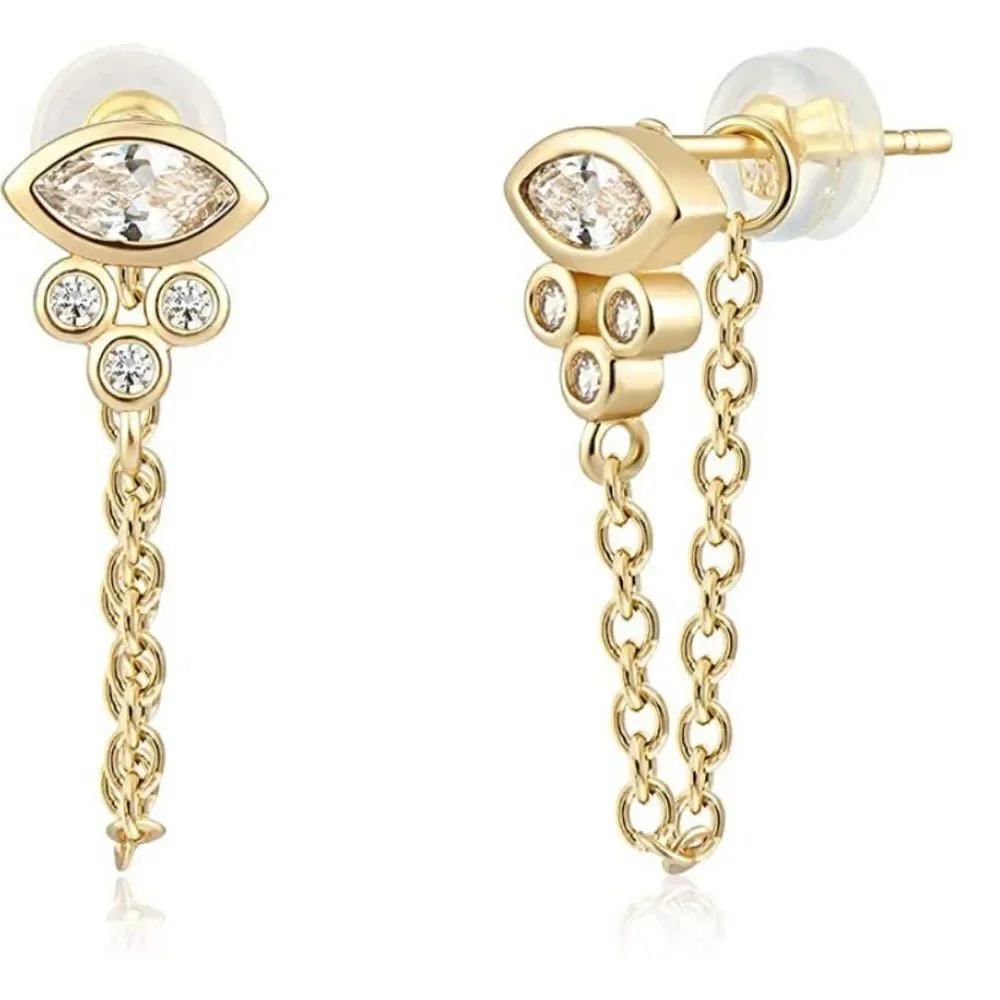 Evil Eye Siren Studs with CZ Stones & Delicate Dangle Detail (24k Gold)