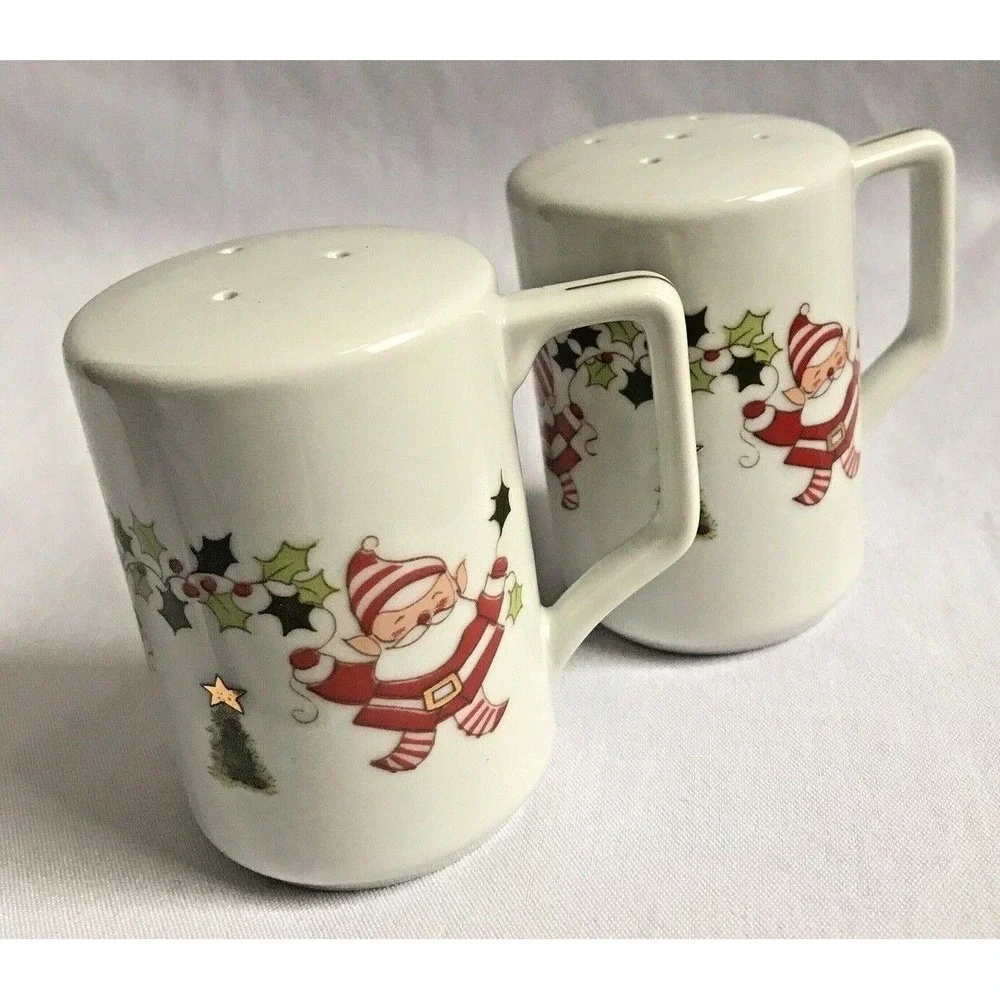 Santa Elf Salt and Pepper Shakers Japan MCM with handles Porcelain Christmas EUC