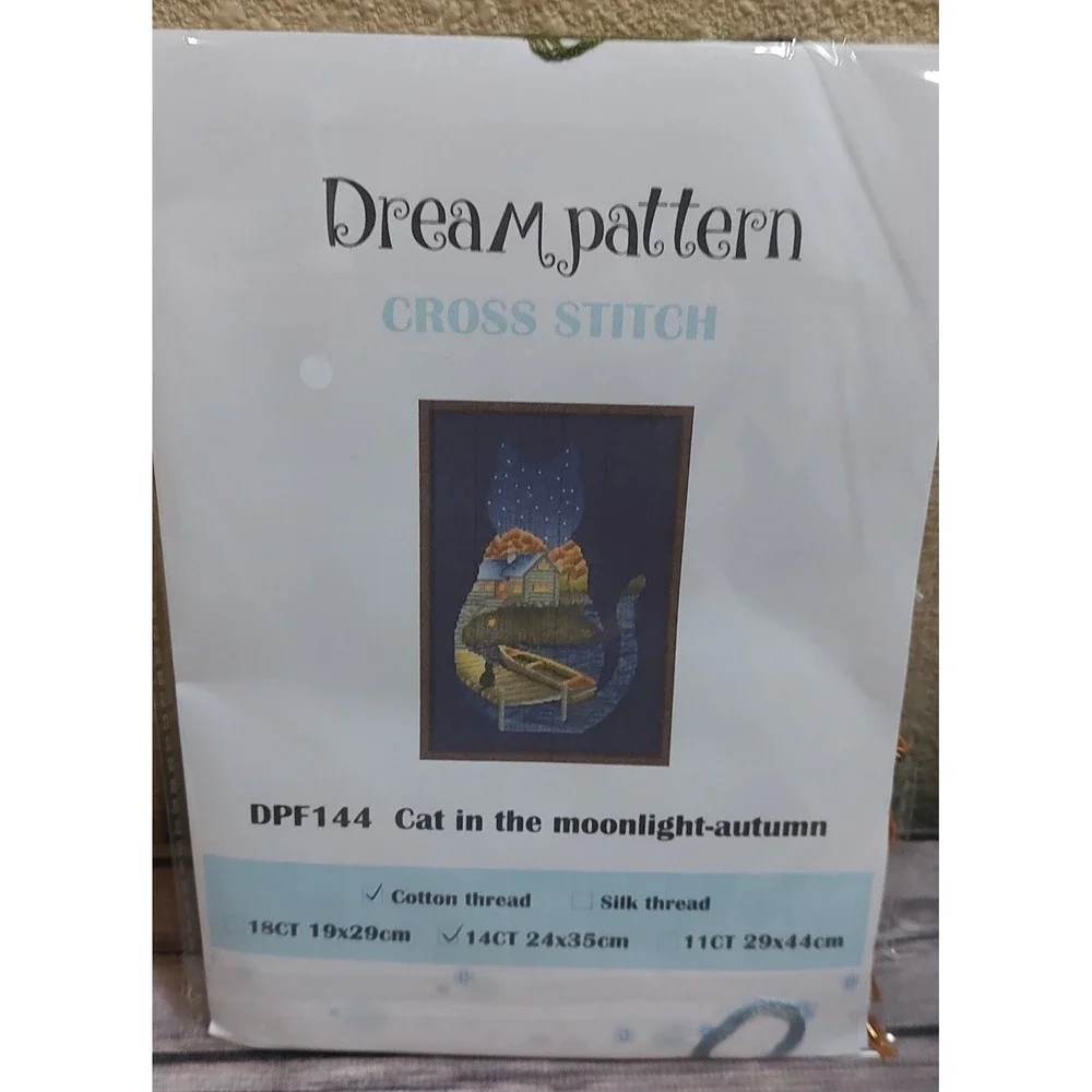 Cat in the Moonlight Cross Stitch Kit Cat Craft Kit Kitty Scene A17