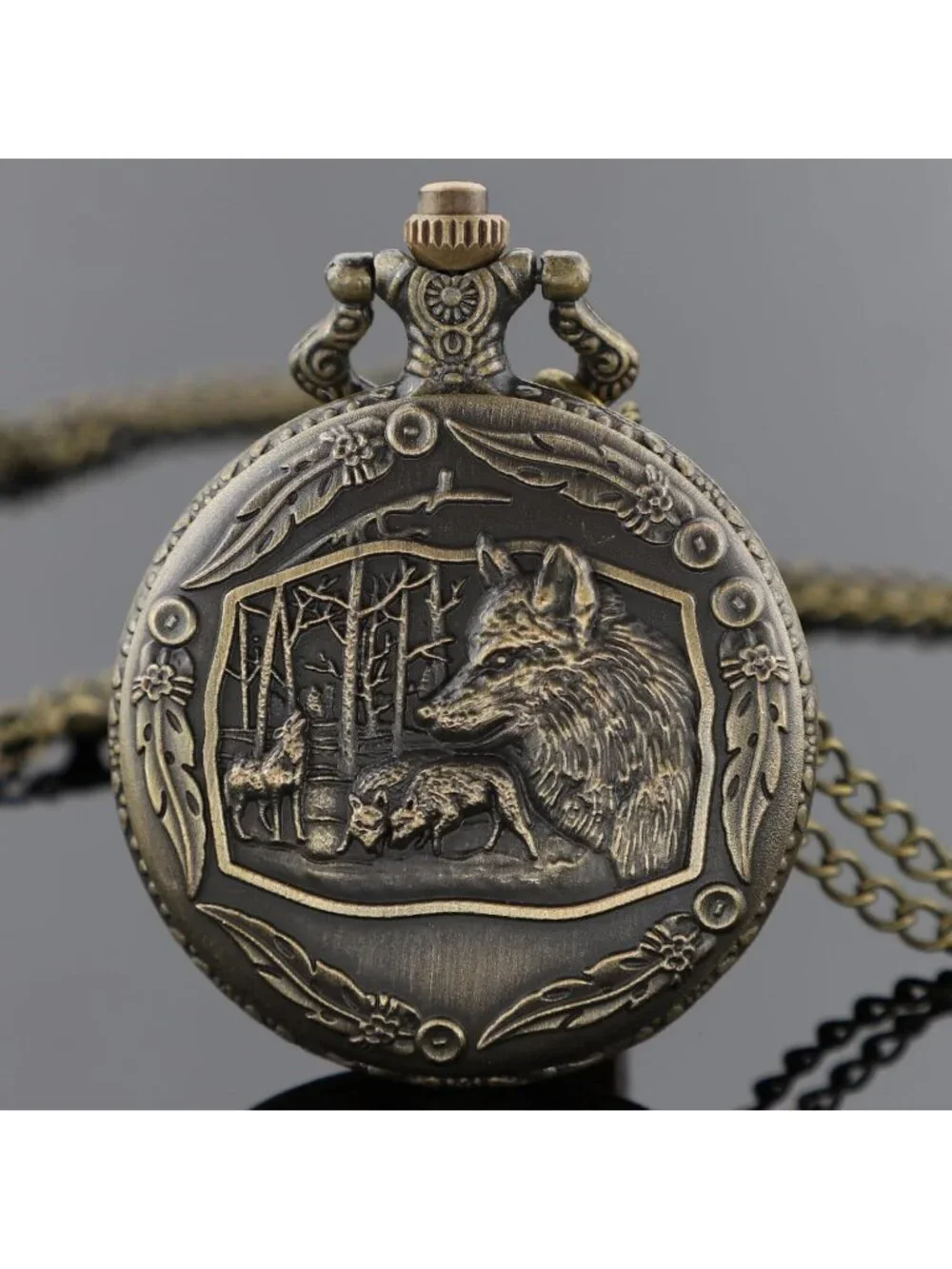 Men's Brown Analog Quartz Arabic Numerals Engraved Wolf Vintage Pocket Watch