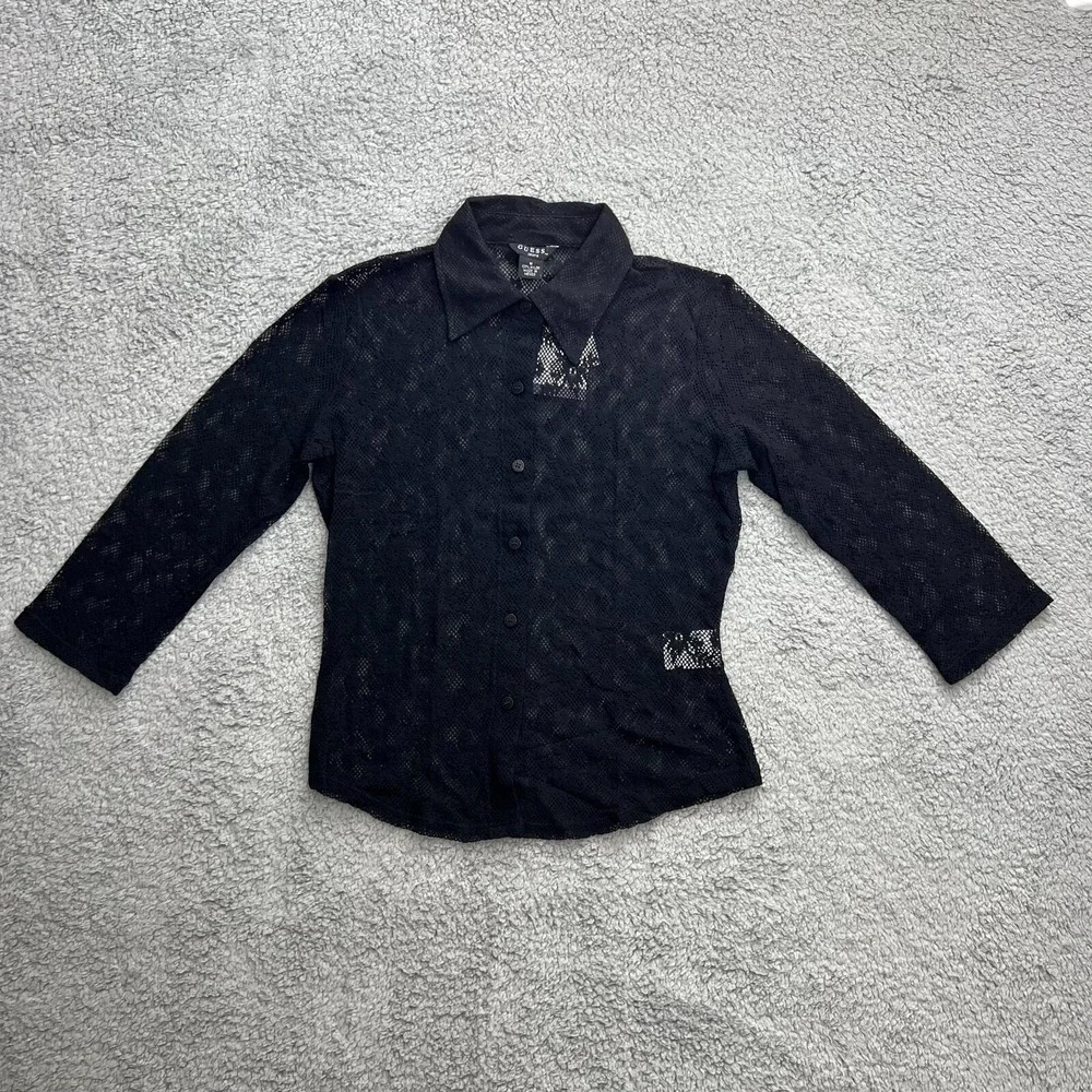 Guess U.S.A. Black Lace Fitted 3/4 Button Nylon Top Women's Size M VTG NWT‎