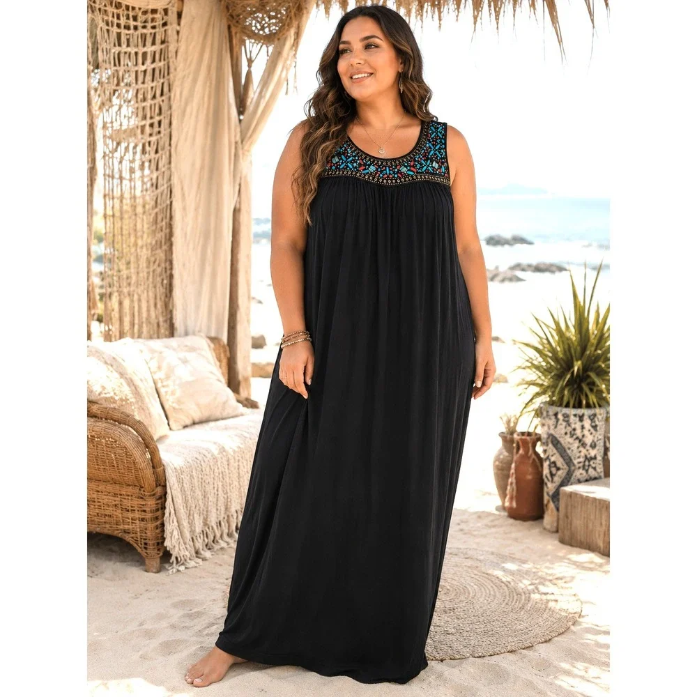 MICHAEL KORS Black Sleevelss Tank Maxi Dress Size 1X Beaded Neckline Boho Beach
