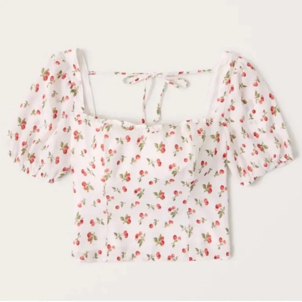 Abercrombie & Fitch Square Neck Puff Sleeve Top Cherry Print Size XS