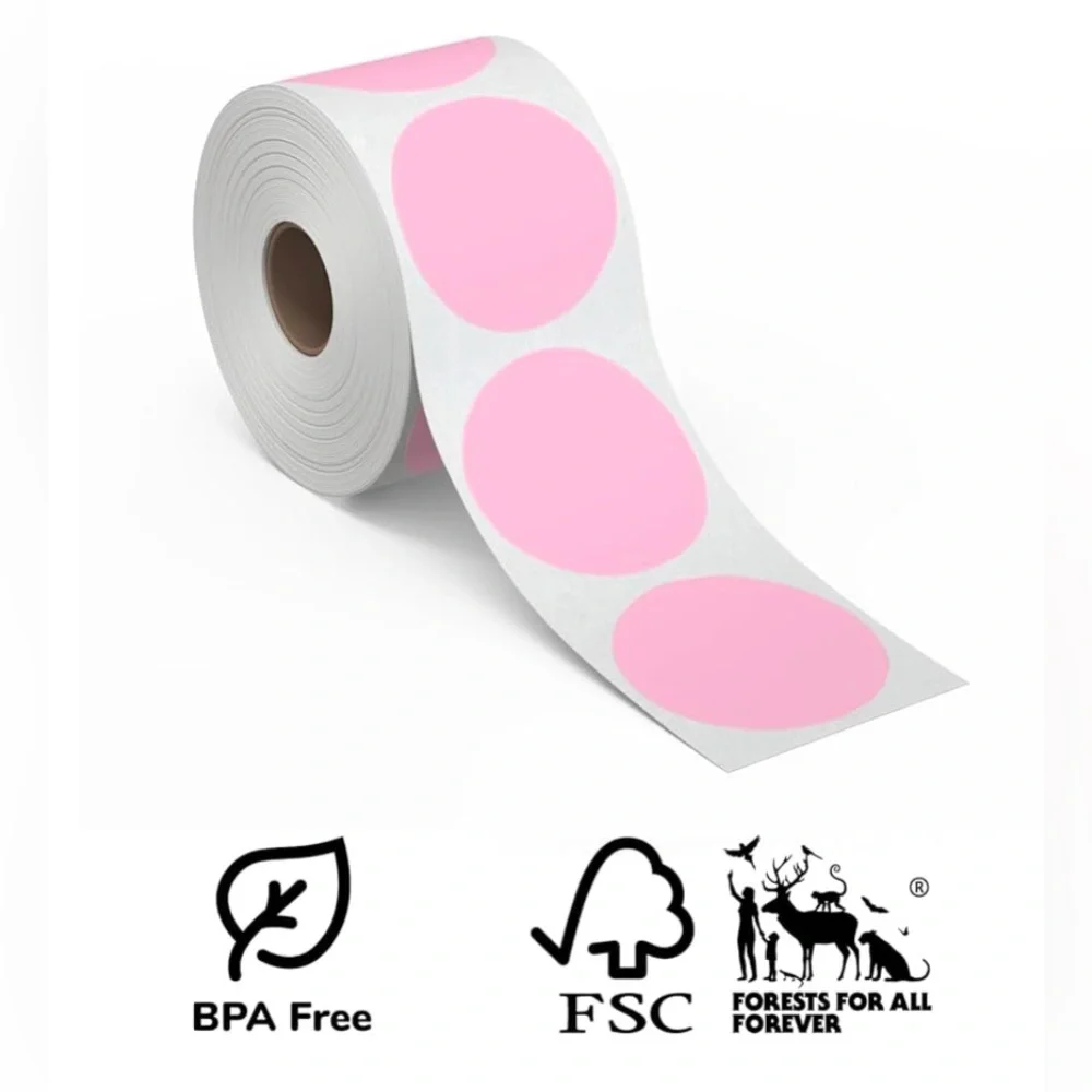 50 STICKERS - 2” ROUND - SIZE SMALL “S” - CLOTHING LABELS - PINK