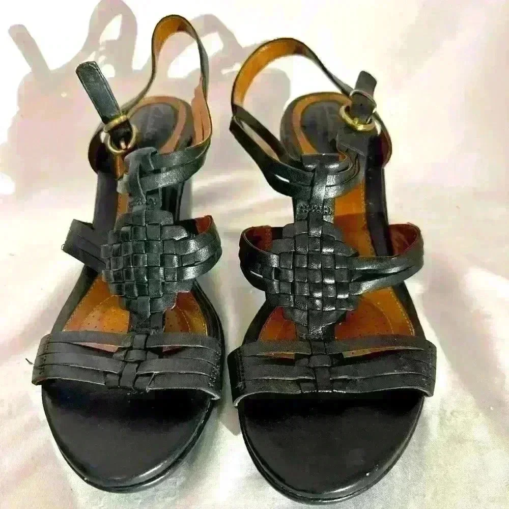 Clarks‎ Artisan Leather Sling back Wedge Sandals Black 60793 Size 9.5