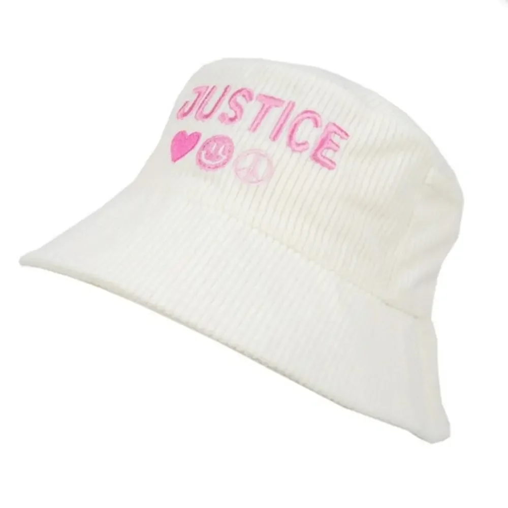 Justice Girls Bucket Style Hat White Corduroy Pink Embroidery‎ New with Tags