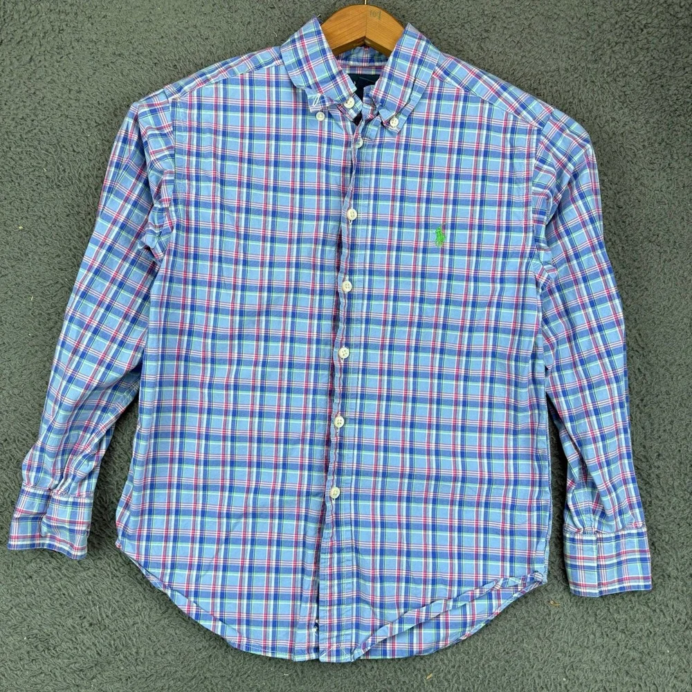 Ralph Lauren Kids Blue Plaid Button Down Shirt Size S 8 Long Sleeve Cotton