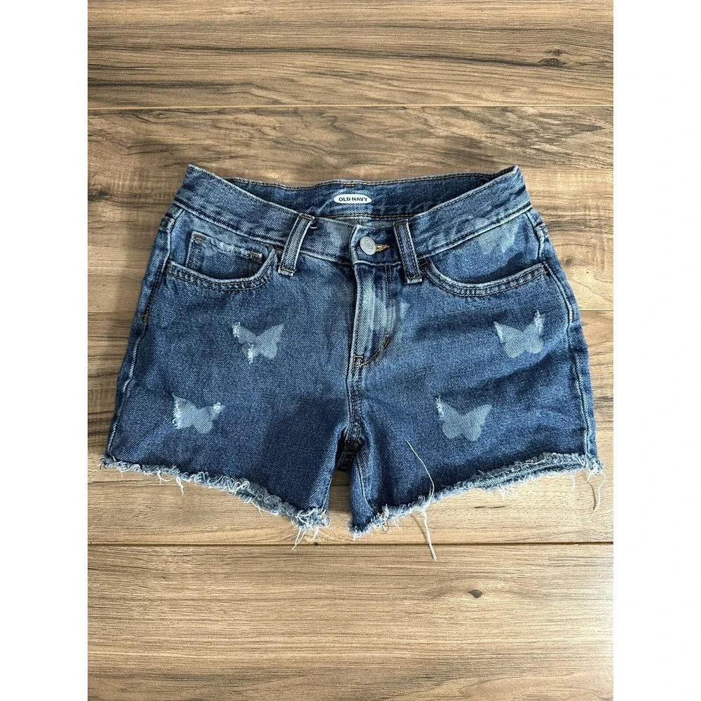 Justice Gir's Size 10 Butterfly Print‎ Cutoff Medium Wash Distressed Jean Shorts