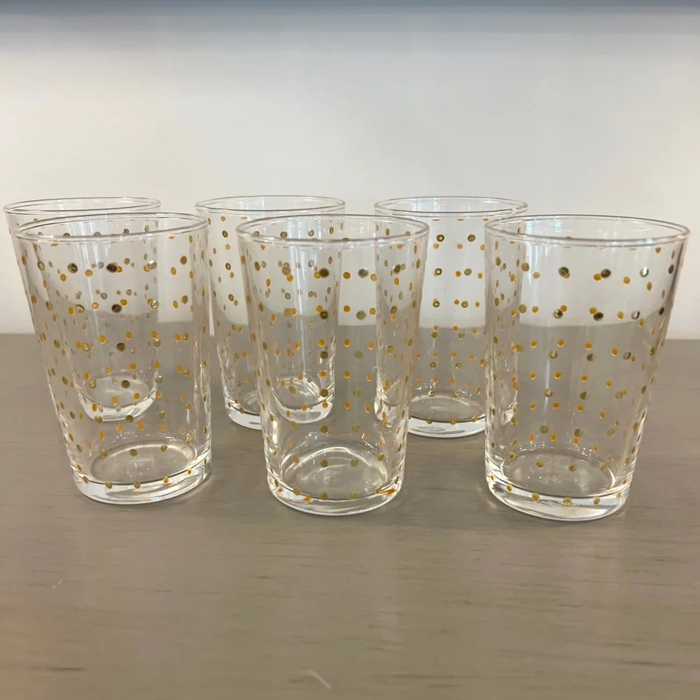 Scents & Feel Tea Glasses Set of 6 Polka Dots Gold Hand-Painted Juice Cup ARC