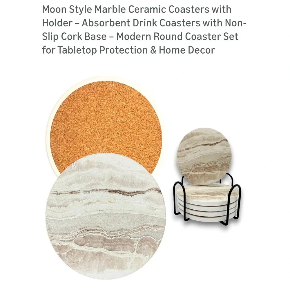 Moon Style Ceramic Coasters Set of 6 Absorbent Drink Coasters with Holder‎