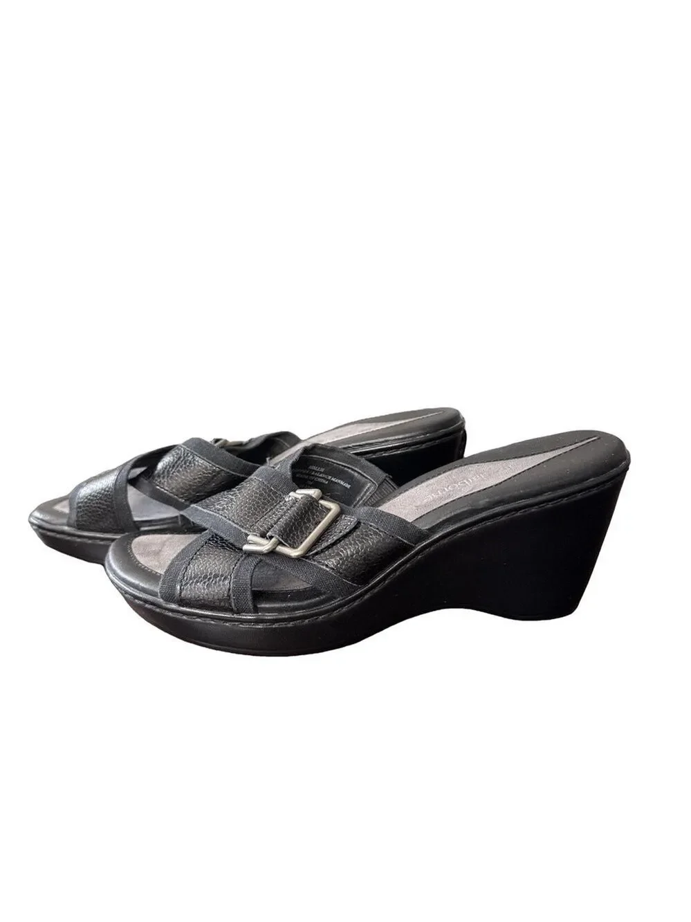 Liz Claiborne Wedge Black Leather Strap Slip On Sandals. 3