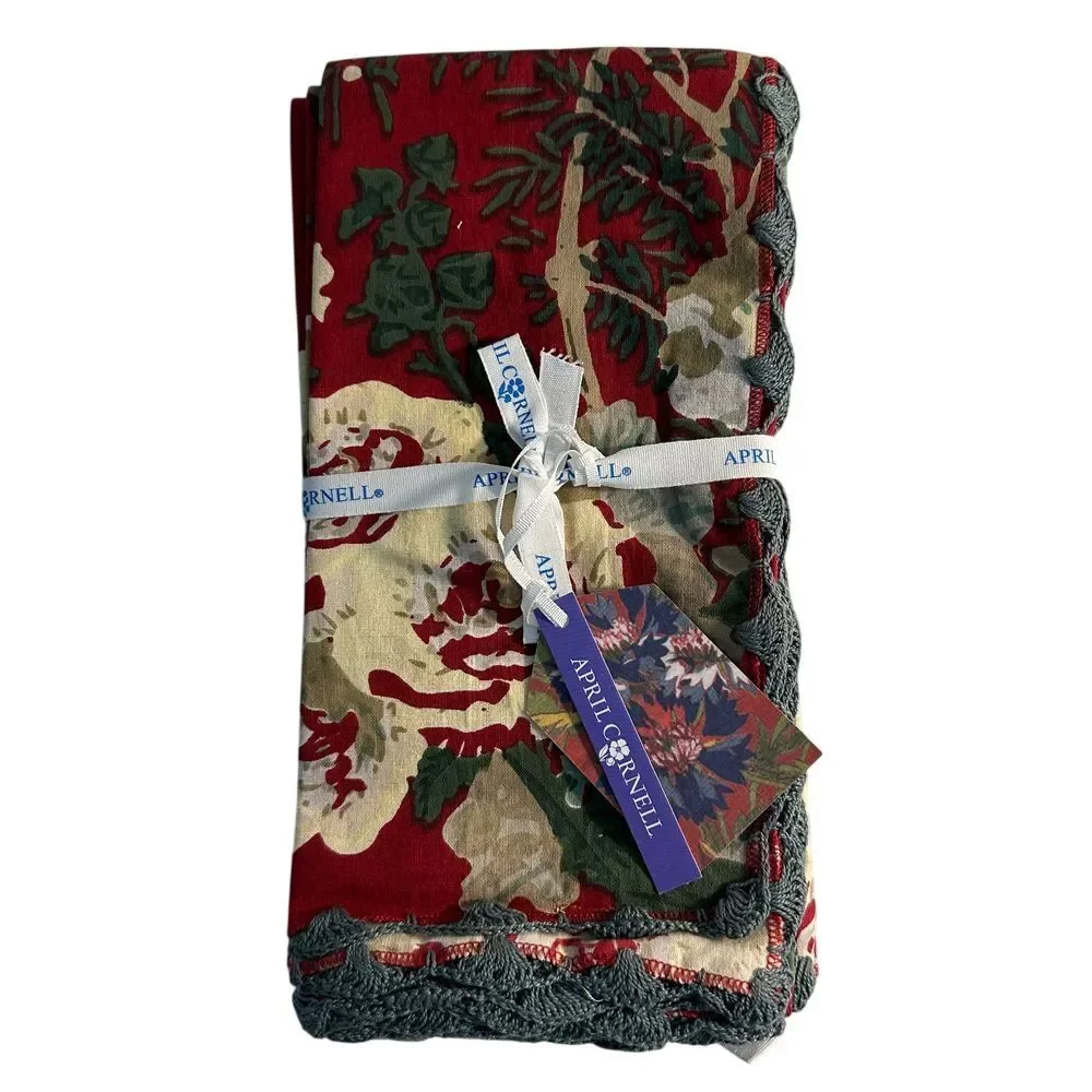 April Cornell Olivia‎ Floral Napkins Set of 4 Red Green Crochet Trim Holiday NEW