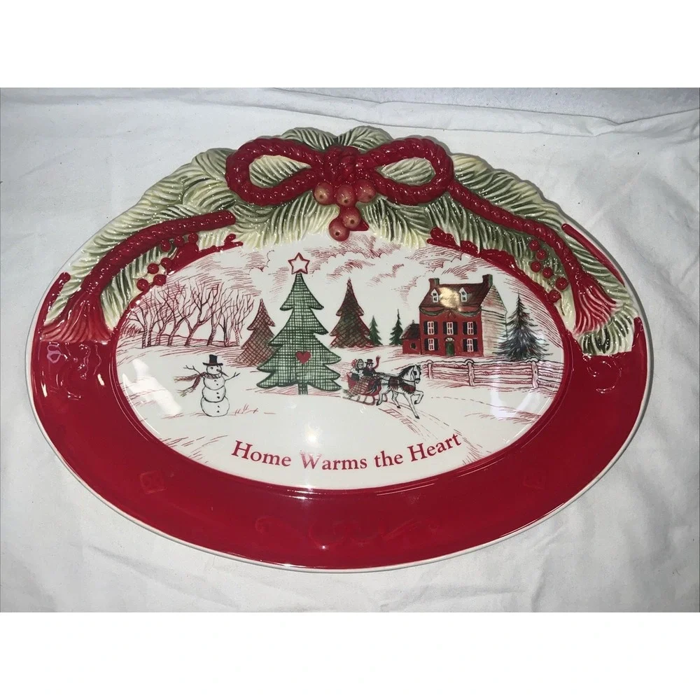 FITZ & FLOYD Oval Cookie Platter Home Warms the Heart Christmas Holiday 13 1/2 