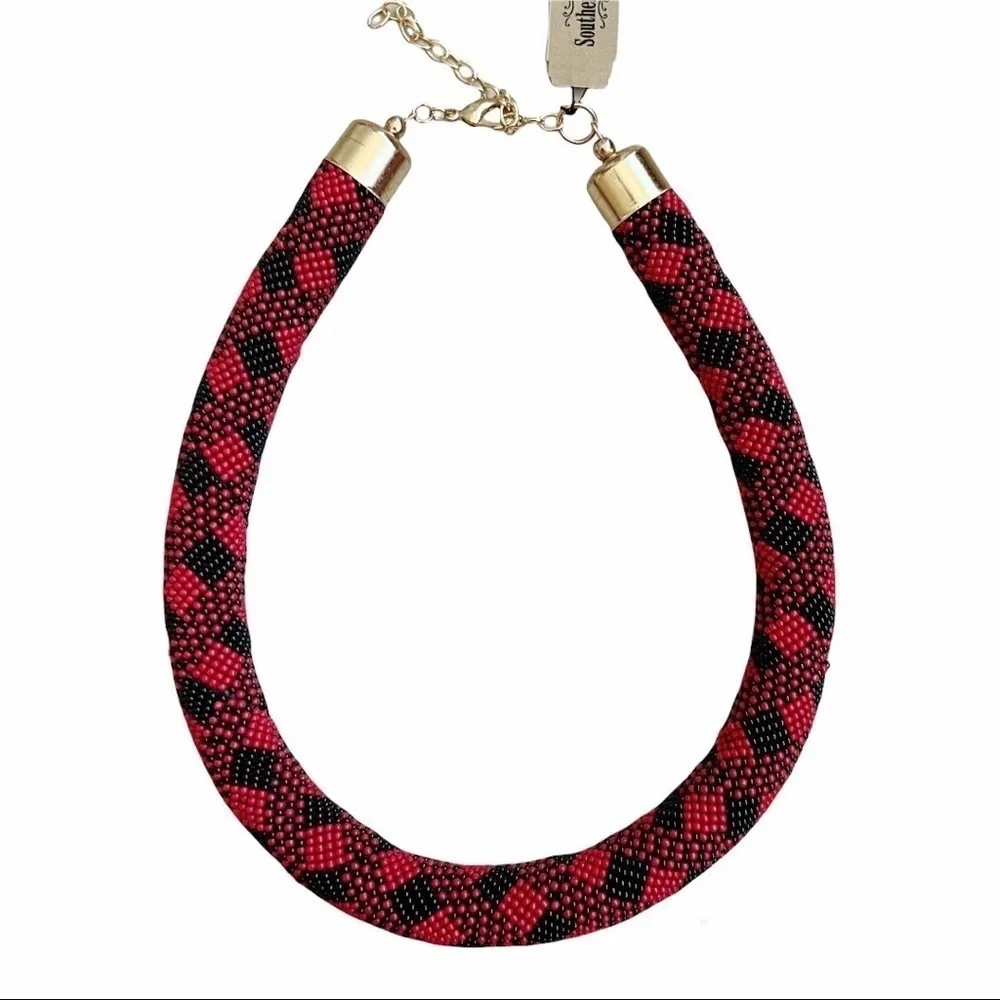 Southern Living Red & Black Beaded Plaid Collar Necklace NWT