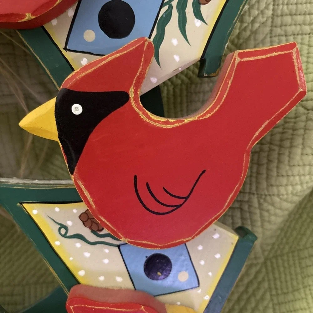 Wooden Red Cardinal Wreath Wall Hanging Country Folk Art Birdhouse Decor 17x17