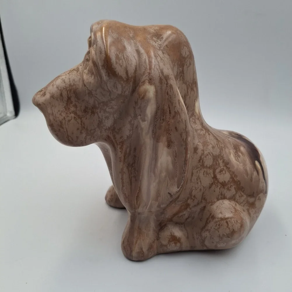 Vintage Ceramic Bassett Hound Dog Coin Piggy Bank Statue Glazed Marbeled‎ Sad