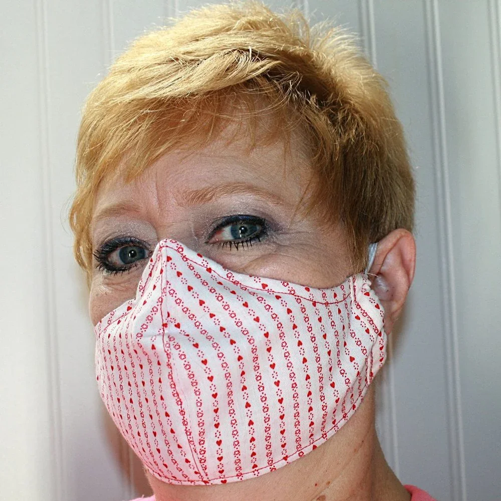 HAND CRAFTED Face Mask Hearts Stripe Adult Cloth Fabric Print - Shield Style