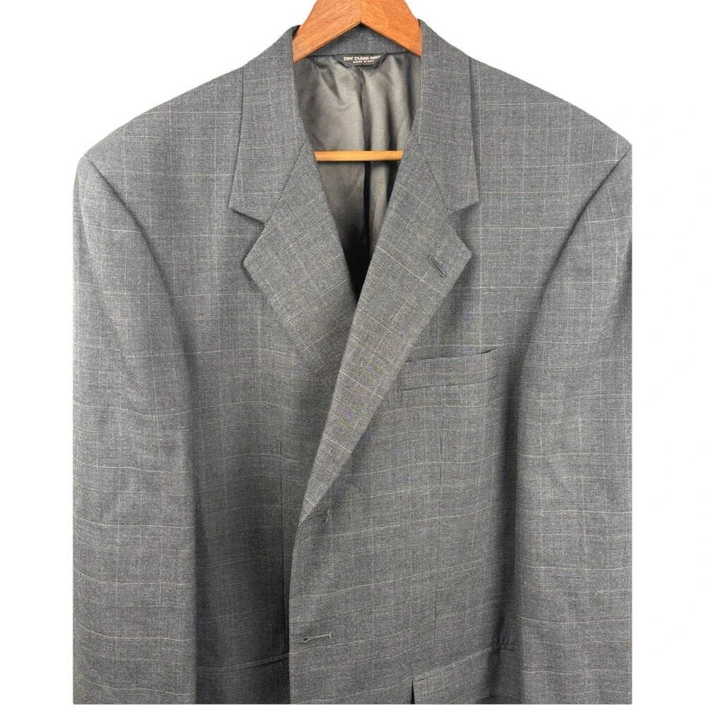 VINTAGE Bill Blass Mens 42L Blazer Jacket 100% Wool Glen Plaid Gray Made in USA