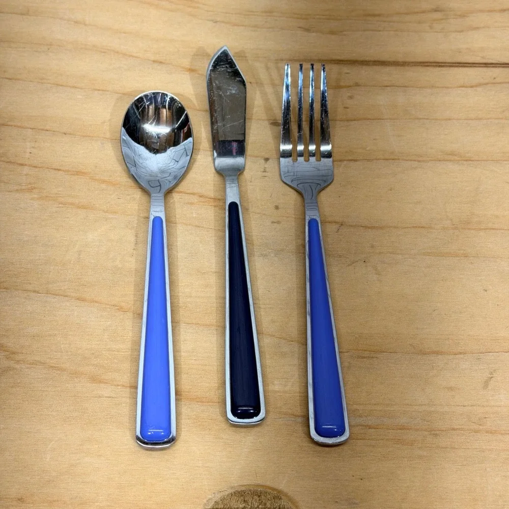 Fiesta Silverware 3pc Set Fork Spoon Spreader Blue Stainless Steel W-16 Flatware