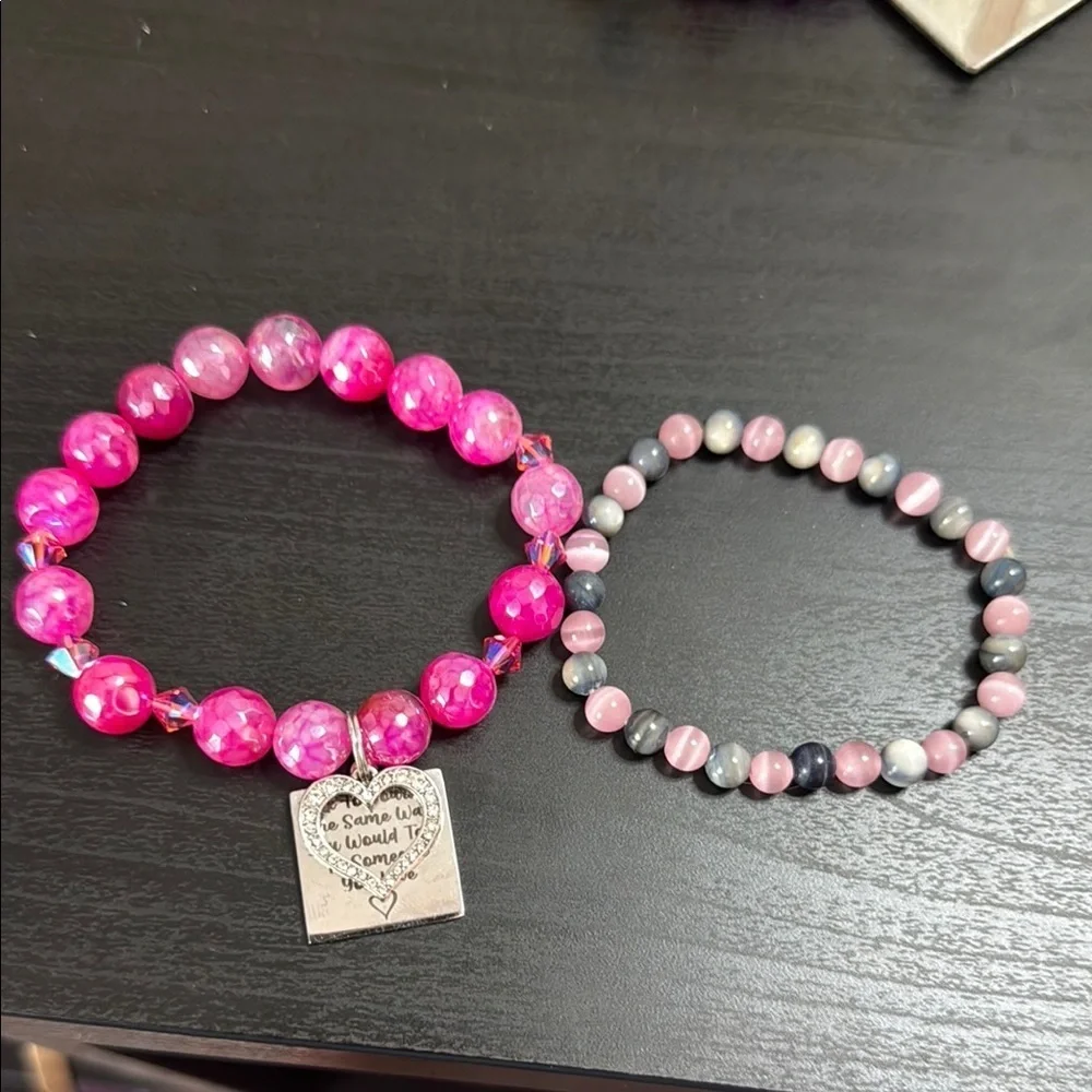 Pink and Gray Beaded Bracelets Set