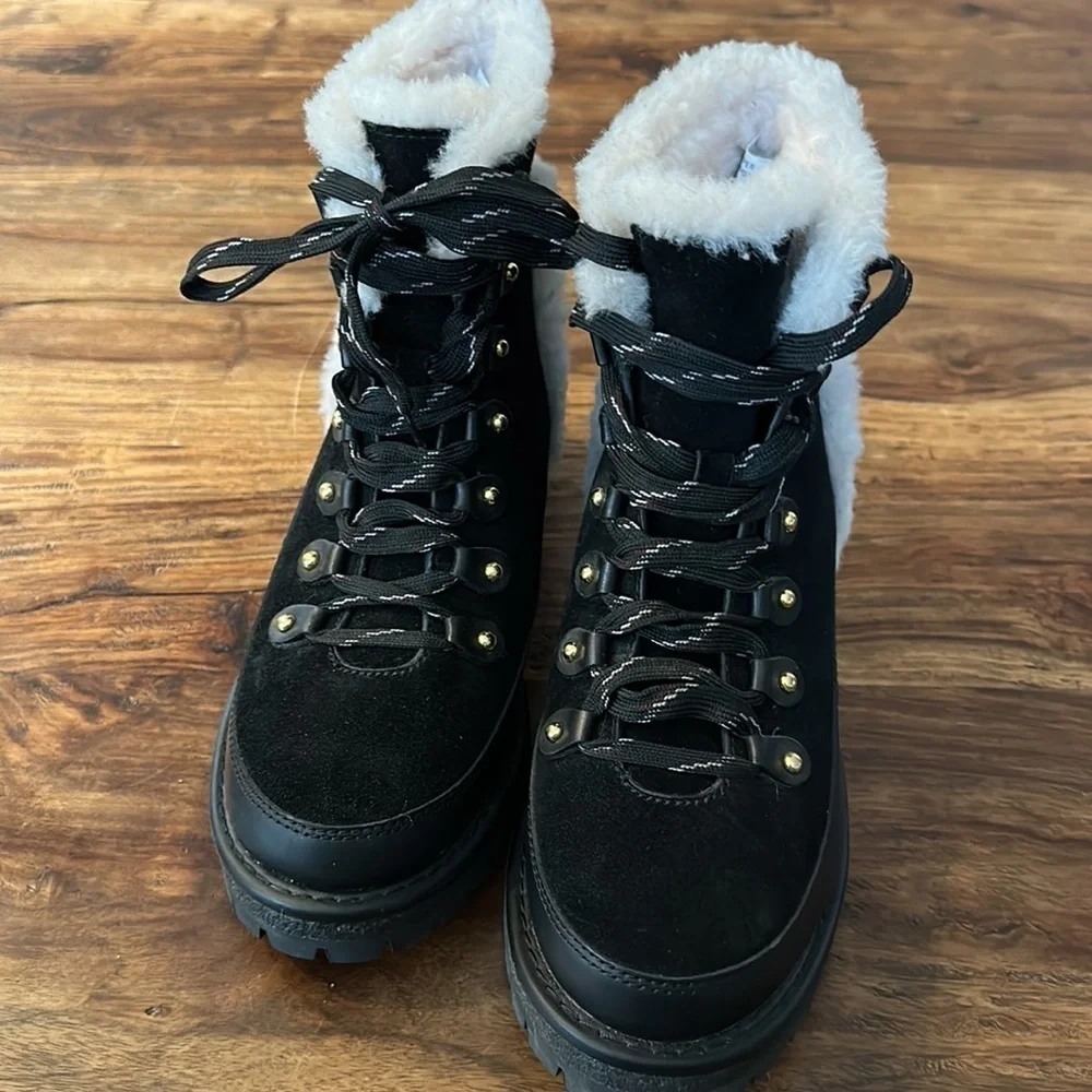 Tory Burch Cooper Suede and Sheep Fur Black Boot Sz8