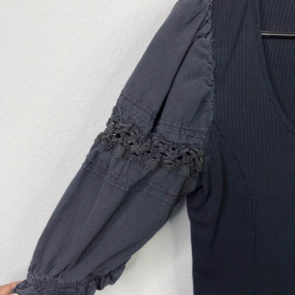 Free People Shirt S Black Ribbed‎ Puff Sleeve Crochet Lace Romantic Goth Boho