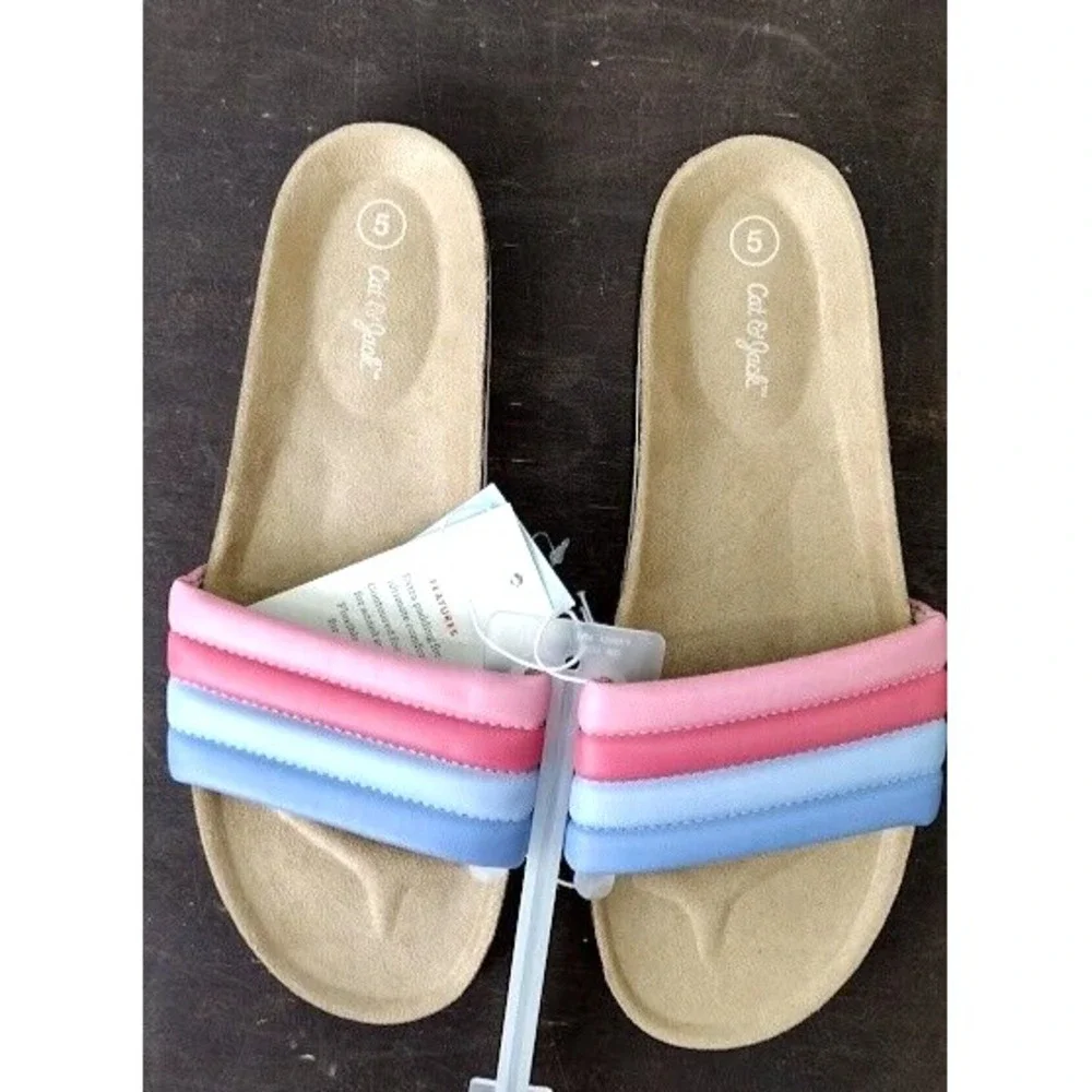 Cat Jack Kids Girls Slide‎ Sandals Size 5 Rainbow Striped Padded Slip On Shoes
