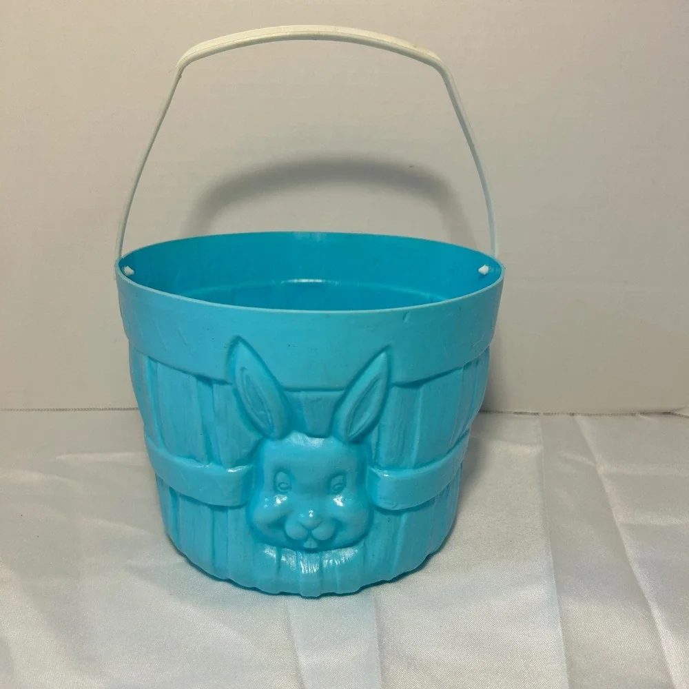 Vintage‎ Blue Plastic Easter Basket Bunny Face Handle Childrens Toy Storage