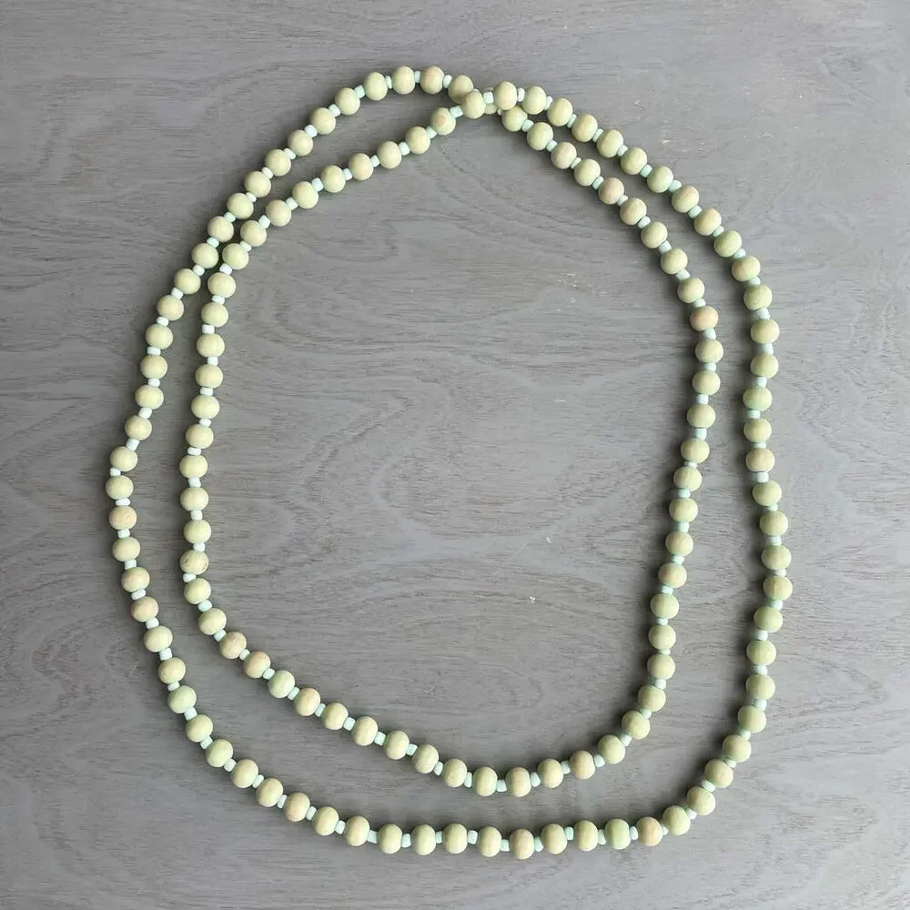 Rustic Light Wood Bead Strand Necklace Teal Green-Blue Farmhouse Cottage