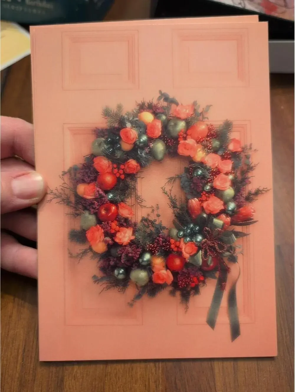 Vintage Christmas Cards Hallmark Wreath on Front Door Red Apples Pine Cones bell