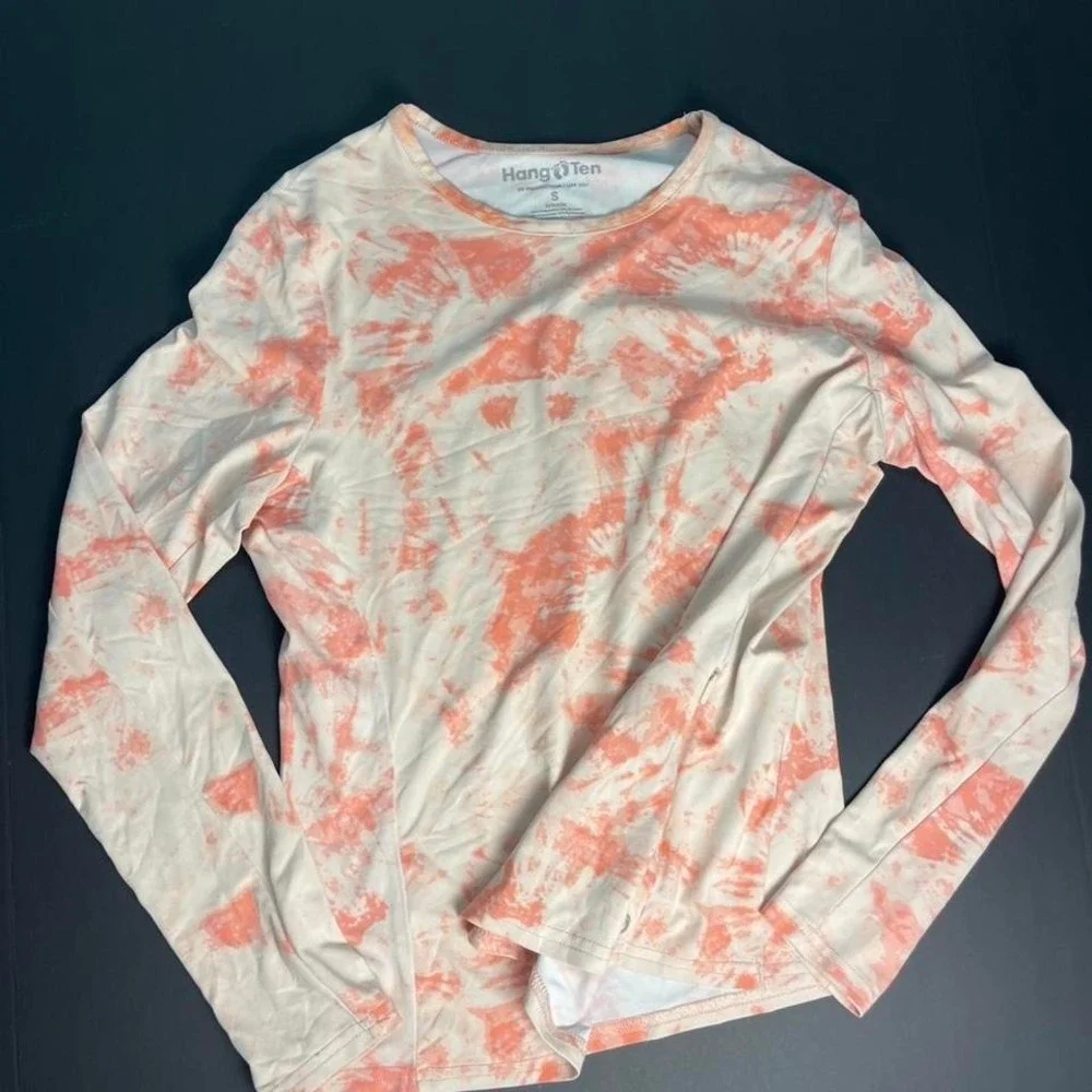 Coral pink and crème Hang Ten kids long sleeve vintage swim shirt UPF50