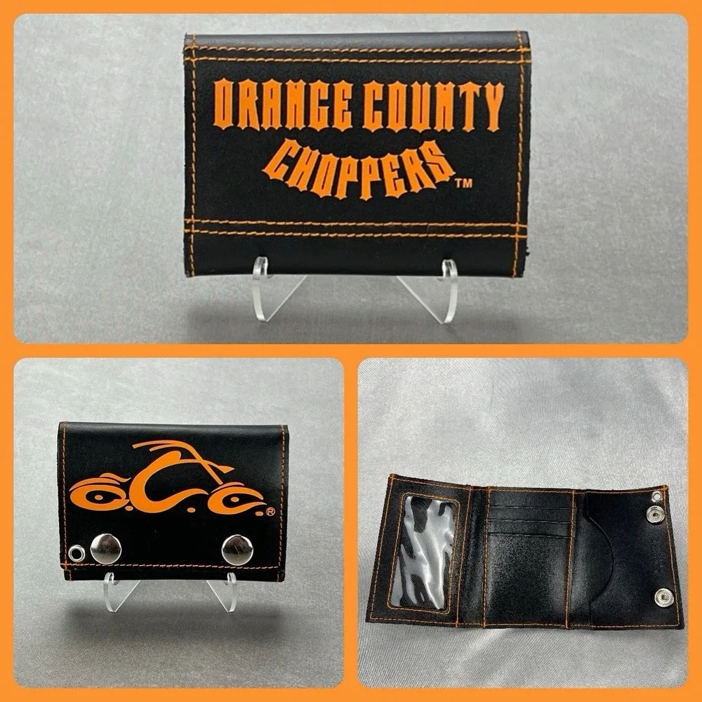 Vintage Orange County Choppers Black Orange Leather TriFold Wallet No Chain Y2K