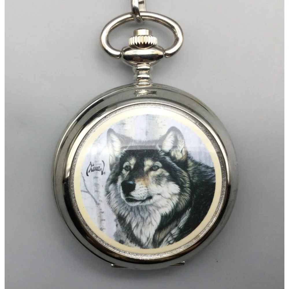 Al Agnew Wolf Pocket Watch Silver Tone Hunter Case With Chain New Battery