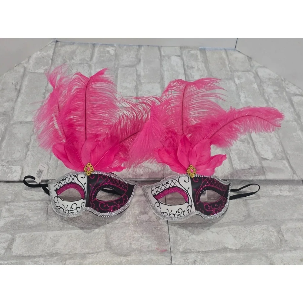 Masquerade Half Masks Black‎ Silver Pink Feathers Lot of 2 Adult NWT