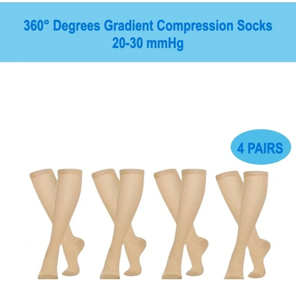 Unisex 20-30 mmHg Compression Socks L/XL Knee High Medical Tan Rib 4 Pack NEW