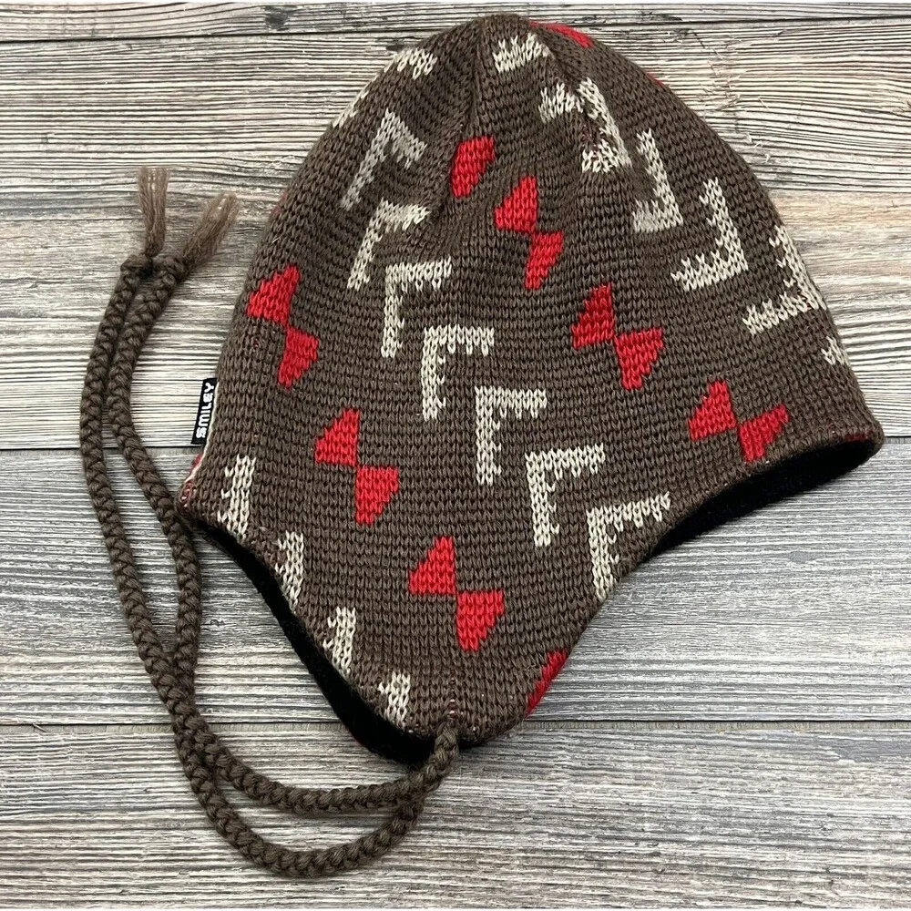 Smiley Trapper Beanie Brown 100% Pure Wool OSFM‎ Made In USA